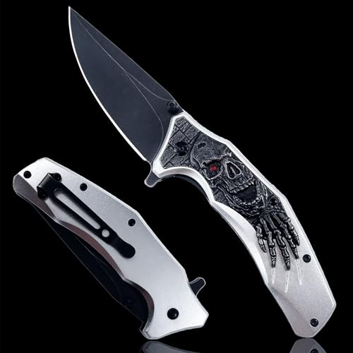 MADSMAUG Klappmesser, cool Taschenmesser mit 3D Prägen Reliefgravur, gute Geschenk Edc Messer für Männer Outdoor Überleben Camping Wandern Jagdmesser (silberfarben)