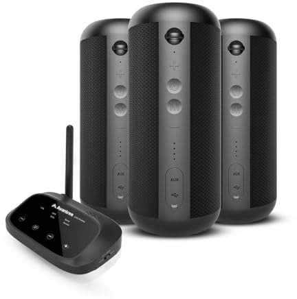 Avantree Harmony - Wireless Speaker System for Multiple Rooms & Outdoor Party, 1 Transmitter & 3 Portable Bluetooth Speakers with Separate Volume Controls, Scalable to 100 Multi Speakers