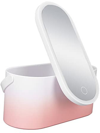 Makeup Box with Light, Pink Gradient Cosmetic Organiser, Rotating LED Light Makeup Mirror with 30 Lamp Beads, Portable Foldable LED Light Makeup Storage Box with Handle