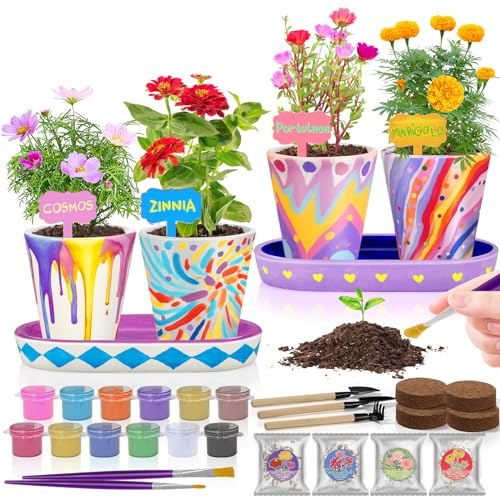Tekoly 4 Juegos de Pintura y Plantas de Cerámica para Jardinería, Manualidades para Niñas de 8 12 Años, Juguetes Niños 4-12, Regalos de Cumpleaños para Niñas y Niños de 4 5 6 7 8 9 10 11 12
