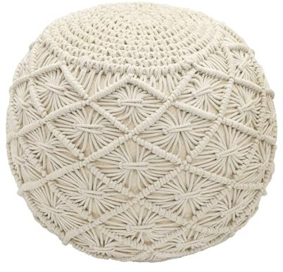 COTTON CRAFT Geflochtener Makramee-Pouf – gestrickte Baumwollkordel, bequemer, runder Dori-Pouf – vorgefüllter Ottoman-Fußstütze, Sitzsack – gefüllter Boho-Sitzsack mit marokkanischem Akzent –