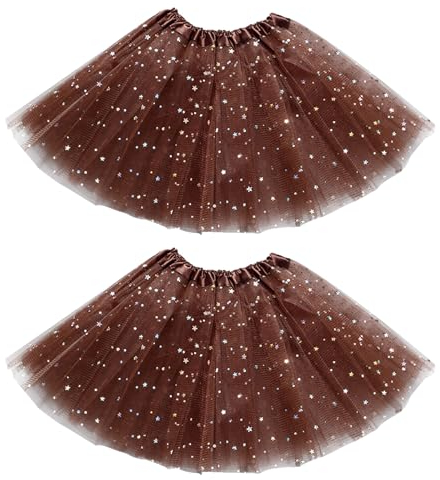 EUPSIIU 2 Pcs Layered Tulle Dance Tutu Skirts, 3 Layers Tulle Sequin Star Ballet Tutus for Girls 2-8 Years, Brown