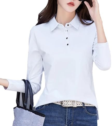Women's Basic Long Sleeve T Shirt Cotton Polo Collar T- Shirt Button Casual Formal Work Top White M