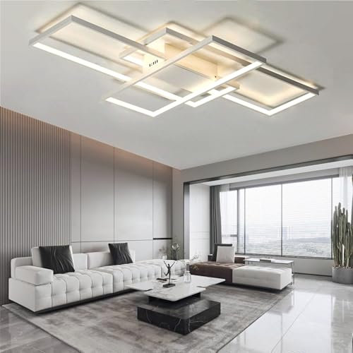 ASJK Wohnzimmer Deckenleuchte LED Modern mit Fernbedienung, 3000k-6000k Geometrisch Multifunktional Deckenbeleuchtung für Wohnzimmer （80cm，Weiß）