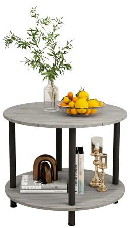 VERFARM Couchtisch Rund, 2 Ablagen, Wohnzimmertisch, Beistelltisch, Kaffeetisch, Sofatisch, für Wohnzimmer, Schlafzimmer, stabiles Metallgestell/MDF Platte, 60 x 60 x 48.5 cm, grau-schwarz