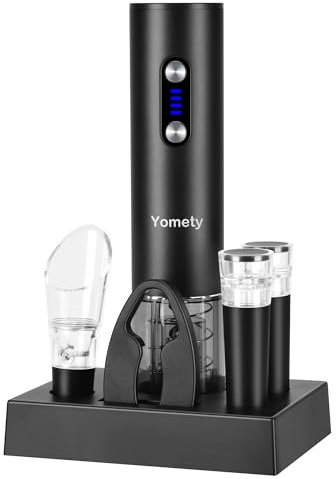 Yomety Elektrischer Weinöffner Set mit Sockel, Weinzubehör Set inklusive wiederaufladbarem Korkenzieher Weinöffner, Weinbelüfter, Weinstopfen und Folienschneider, perfekte Weingeschenke für