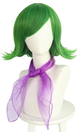 COSPLAZA Disgust Deep Green Wig Ekel Kurze gewellte grüne Damen Cosplay Perücke mit lila Schal