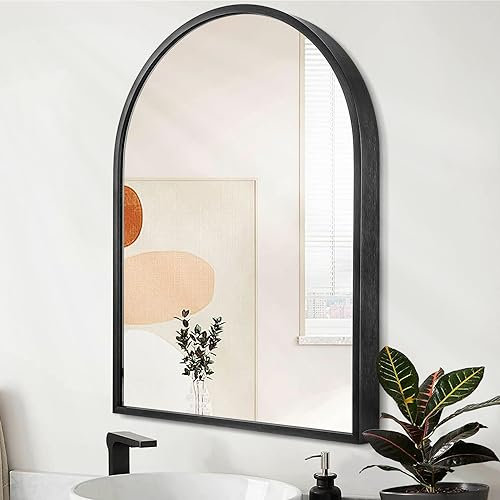 HLFMVWE Gewölbter Spiegel, 50 x 40 cm, schwarz, gewölbter Wandspiegel in Edelstahl-Metallrahmen, Bogen Oben, Wandhalterung, Spiegel für Eingangsbereich, Wohnzimmer, Schlafzimmer