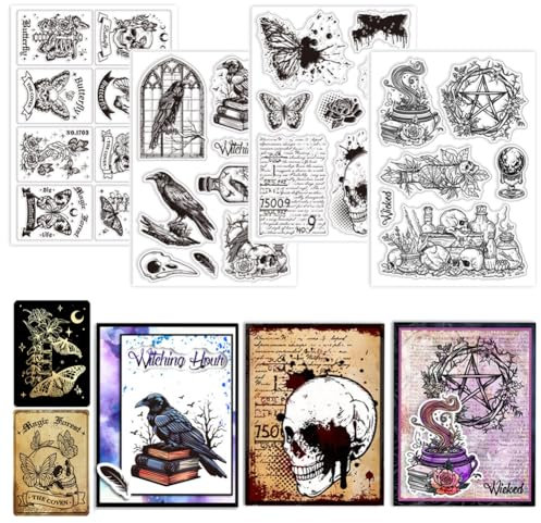 GLOBLELAND 4 Blatt Hexerei Stempel Zum Gestalten von Karten. Magisches Krähenskelett Schmetterling. Silikon Stempelsiegel. Transparente Stempel Für Selbstgemachte Scrapbooking Tagebücher.