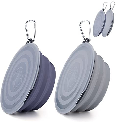 Lot de 2 bols à eau en silicone pour chat et chien, bol pliable pour animal de compagnie, bol portable pour chien avec couvercles et mousqueton pour voyage et camping (gris, violet, grand)