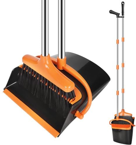 KIMIGO Juego de Escoba y Recogedor con Mango Extensible (123 cm) - Escoba y Recogedor Plegable para Interior/Exterior,Cocina,Garaje,Limpieza eficaz con diseño Moderno en Color Naranja