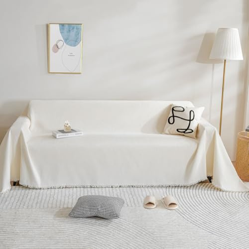 BUSVORES Sofa Überwurfdecke, Chenille Mit Fransen Sofabezug, AntiRutsch Couch Schutz für Haustiere Haare Kinder Hund Katze, Vielseitige Dekorative Sofaüberwurf für Familie(Beige, 230x300 cm)