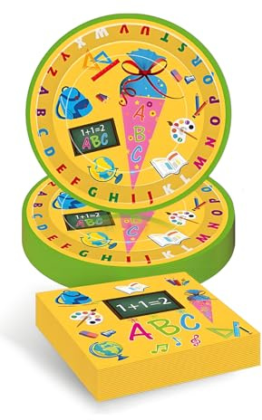 CALLYSONIC 40 Teile Pappteller Einschulung, Tafel Rucksack Motiv Schulkind Servietten, Schulanfang Papier Teller Servietten, Schulanfang Deko Zubehör für Party Geschirr Dekorationen