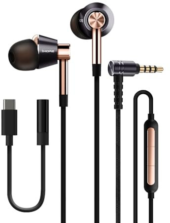 1MORE Triple Driver Auriculares Intraaurales, Cascos Hi-Res con Micrófono MEMS, Sonido Potente de Graves, Control Remoto en Línea, Auriculares con Cable de 3.5mm para Smartphones PC Plata (Oro)