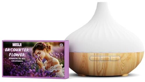 MISIJI Aroma Diffuser für Duftöle 500ML,mit Fernbedienung und Flower Ätherische Öle Set 6x10 ML,4 Timer-Einstellung,7 Arten LED Lichtfarben