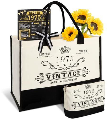 50th Birthday Gifts for Women Canvas Tote Bag Travel Gear, Unique 50 Years Old Gifts for Wife Sister Mum Aunt Friends Her, Vintage 1975 Handbag & Cosmetic Bag & Back in 1975 Poster