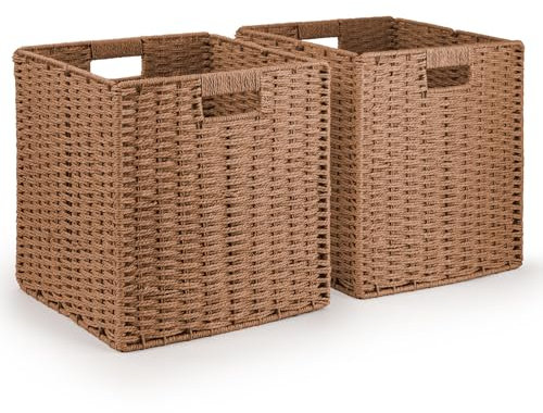 Woodluv Set of 2 Storage Cube Baskets, Wardrobe Organiser Toy Storage Baskets for Shelves, Khaki, 30 x 28 x 30 cm