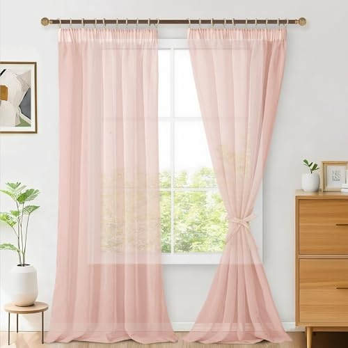 Hiasan 2er Set Sheer Voile gardinen vorhänge gardine Wohnzimmer mit Kräuselband Curtains scheibengardinen Vorhang Transparente Durchsichtig Luftig Dekoschal für Schlafzimmer 260x140cm(HxB) Rosa
