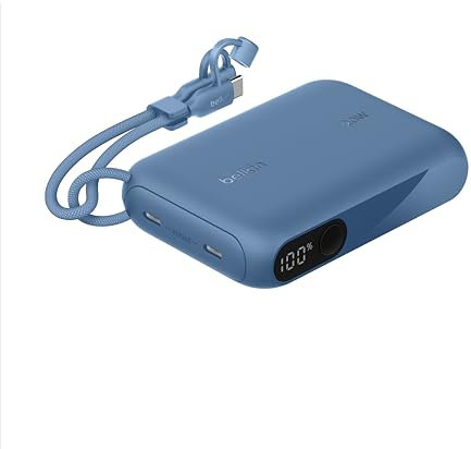 Belkin Portable Charger, USB-C Power Bank 10K 10,000mAh w/ 2 USB-C Ports, Slim, Display Shows Battery Level, 20W for iPhone 16, 15 Series, Samsung Galaxy S25, S24, Pixel 9, iPad, & More - Blue