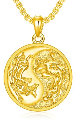 ROMANTICWORK Vergoldet-Wolf-Halskette, 925er Sterlingsilber, Hexer-Medaillon, Yin-Yang-Halskette, Wolf-Schmuck, Weihnachts- und Geburtstagsgeschenk für Männer und Frauen, Unisex