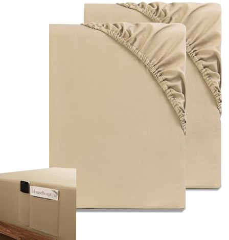 HIG Spannbettlaken 180x200cm 2er Set, Sand Microfaser Spannbetttuch mit 35cm Tiefe Tasche für Boxspringbett, Spannbetttücher mit Seitlicher Tasche für Handy oder Fernbedienung, ÖKO-TEX Zertifiziert