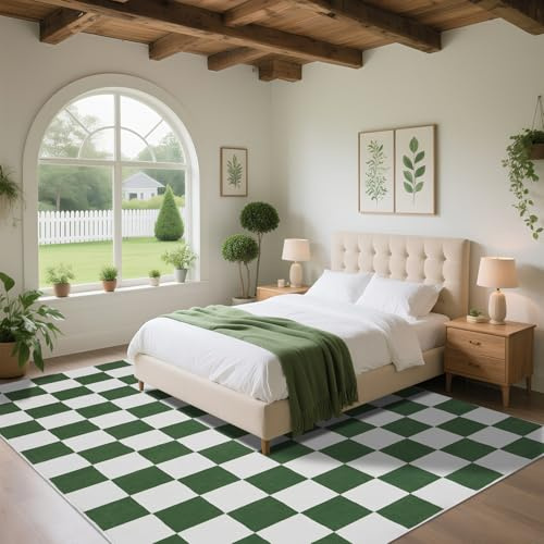 Wohnzimmerteppich 140X200cm, Schachbrettmuster Ultradünn, Grün und Weiß | Waschbarer Teppiche, Weich, flach bedruckt, Schmutzabweisend, Für Schlafzimmer, Esszimmer, Kinderzimmer, Büro, Wohnheim