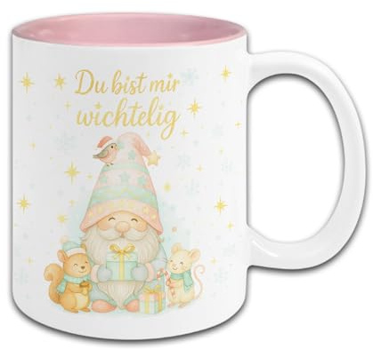 Tasse Du bist mir wichtelig mit Wichtel-Motiv – Geschenk für Freundin, Kollegin, Freund, Kollege, Schwester, Bruder – Geschenkverpackung – Handmade in Deutschland (Tasse Altrosa, Wichtel Rosa)