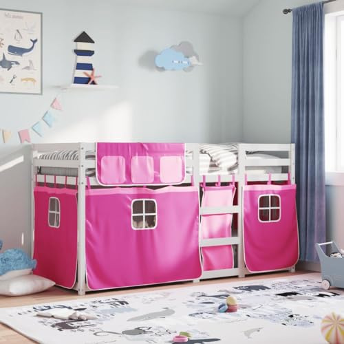 QJBSAVVA Etagenbett Kiefer massiv Weiß Rosa Vorhänge 195,5x80,5x112 cm Jugendbett mit Leiter Rausfallschutz platzsparend für Kinderzimmer ab 6 Jahre