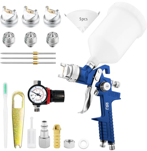HVLP Pistolet a Peinture avec 3 Buses 1,4mm/1,7mm/2,0mm Régulateur d'air Coupelle 600ml Pistolet à Pulvérisation à Alimentation par Gravité, HVLP Meubles de Voiture Pistolets de réparation