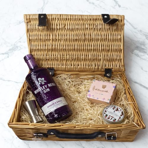 Whitley Neill Rhubarb & Ginger Gin Gift Hamper 70cl 43% ABV | Sea Salt Caramel Chocolates, Silver Jigger, Scented Candle, Premium Flavoured Gin Gift Set UK