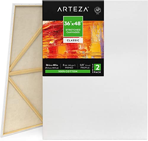 Toile blanche tendue Arteza 91x122 cm, pack de 2, pré-enduite, 100% coton pour la peinture, coulage d'acrylique, peinture à l'huile et technique d'art humide, toiles pour artistes pro et débutants