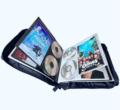 DVD CD Storage Wallet Case with Extra Wide Title Cover Pages for Blu Ray Movie Music Audio Media Disk (Portable Carrying Binder Holder Album Home Organizer)- Blue, 128 disk units, 64 booklet pockets