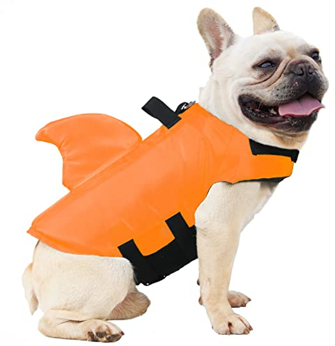FONLAM Giubbotti di Salvataggio per Cani Giubbotto Salvagente Cane Squalo Galleggiante Cani Piccola Media Taglia Piscina Mare (L, Arancione)