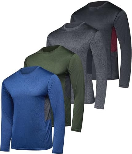 Real Essentials 4 Pack: Mens Long Sleeve T-Shirt Workout Football Fit Gym Tee Shirt Athletic Active Performance Skin Rugby Training Wicking Exercise Clothing Running Sport Undershirt Top -Set 4,XL