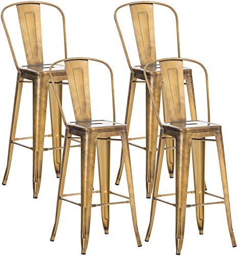 CLP 4er Set Metall Barhocker Aiden Mit Hoher Rückenlehne I 4 x Hocker Mit Fußstütze Und Bodenschonern, Farbe:Gold