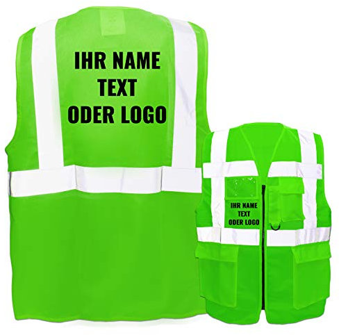 Warnweste mit Reißverschluss und Taschen * Druck auf Rücken + Front/Standard-Druck * Farbe & Größe: Neon Grün/Größe L * Aufdruck selbst gestalten * Bedruckt mit Design Foto Text Logo
