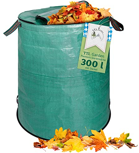 TTL Garden 1x 300L Gartensack Premium - mit Deckel verschließbar selbststehend - 4 Griffe 150gsm extra groß stabil robust & faltbar 300 Liter Sack Laubsack Gras Laub Gartenabfall Grünschnitt