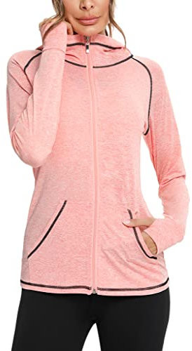 Sykooria Sweat Femme à Capuche Automne Hiver Chaud Veste Femme de Sport Respirant à Manches Longues Jacket Zippé pour Fitness Running-Vin Rouge-Rose Clair-L
