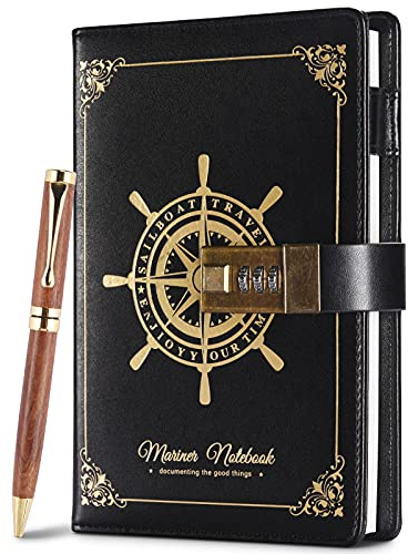 Tagebuch Mit Schloss,Password Notebook Mit Stift, PU Leder Notizbuch mit Schloss Skizzenbuch Journal Planer Organizer Nachfüllbar Tagebuch, Linienpapier Geschenk für Mädchen, Jungen(Schwarz)