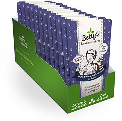 Betty's Landhausküche Frischebeutel Pouches Nassfutter Katze, Huhn & Fasan mit Borretschöl 12 x 100 g, getreidefrei, beste Qualität, hochwertiges Fleisch, schonend gegart, hohe Bioverfügbarkeit