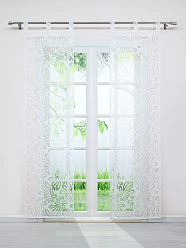 Delien 2er Set Schiebevorhänge mit Schlaufen Voile Schiebegardinen »Blütenblättern« Vorhang Ausbrenner Gardinen mit Blumenmuster Flächenvorhänge Wohnzimmer Fensterschals BxH 57x175cm,Weiß