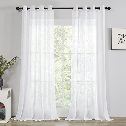 Deconovo Voile Halbtransparent Vorhang mit Ösen Gardinen Wohnzimmer Dekoschal Leinentextur Luftige Vorhänge für Balkontür, 245x140cm(HöhexBreite), Weiß, 2er Set