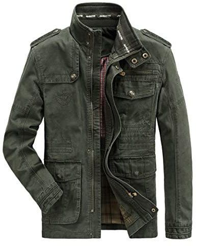 MERCIYD Veste demi-saison cargo pour homme, col montant, en coton, plusieurs poches, style militaire, adaptée à l’hiver, l'automne, décontractée, coupe-vent, Vert armée., XXXL