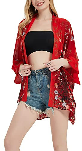 Women's Boho Floral Print Kimono Bikini Cover Up Sheer Chiffon Loose Cardigan Blouse Wrap