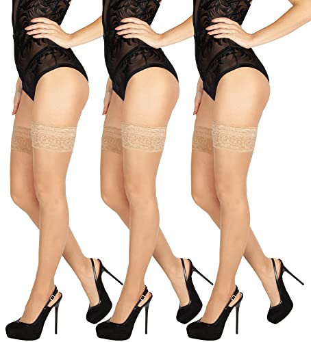 BANANALU 20 Den halterlose Strümpfe Spitzenbund 9 cm Blumenmuster sexy Overkniestrümpfe Flirt 20 Naturale 3er Set XL/XXL