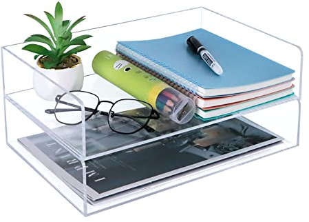 Clear Acrylic Desk Organizers, BOJVESH 2-Tier Paper Organizer Tray, Stackable Classroom File Storage, Workspace Supplies Accessories for Office Home Documents A4 Notebook