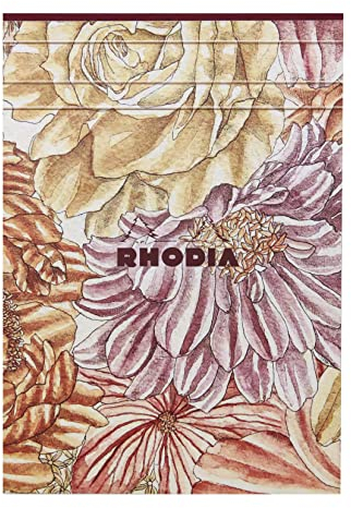 Rhodia 120031C - Rhodia ORANGE Botanique - Schreibblock geleimt, DIN A5 liniert, 70 Blatt, elfenbeinfarbiges Papier 90g, Blumenmotiven, 1 Stück