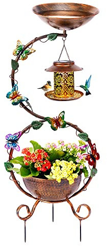 YADOOLIFE Bain d'oiseaux et mangeoire Solaire de 96 cm avec piédestal pour Fleurs, Bain d'oiseaux décoratif avec Papillon pour l'extérieur, Jardin, Cour, résistant aux intempéries