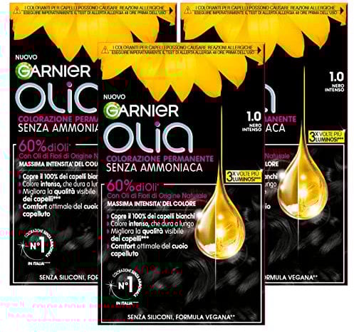 Garnier Olia Tinta Capelli Permanente Senza Ammoniaca Colorazione con Oli di Fiori di Origine Naturale ad Azione Illuminante e Nutriente Colore 1.0 Nero Intenso - 3 Confezioni