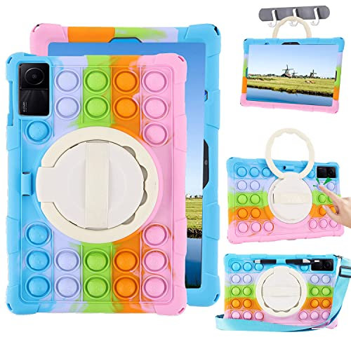 Sfulatdc Silicone Case with 360 Rotating Kickstand Handle/Shoulder Strap Tablet Cute Cover Compatible with Nokia T20,Lenovo Tab M10 Plus (3rd Gen) 10.6 inch Rainbow